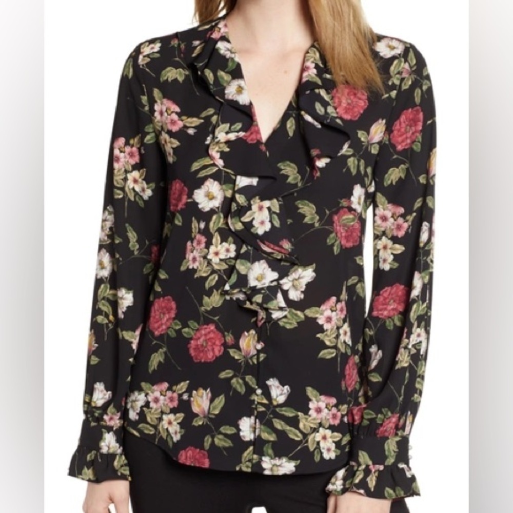 Karl Lagerfield Black Multi Floral Printed Ruffle Front Blouse Size S